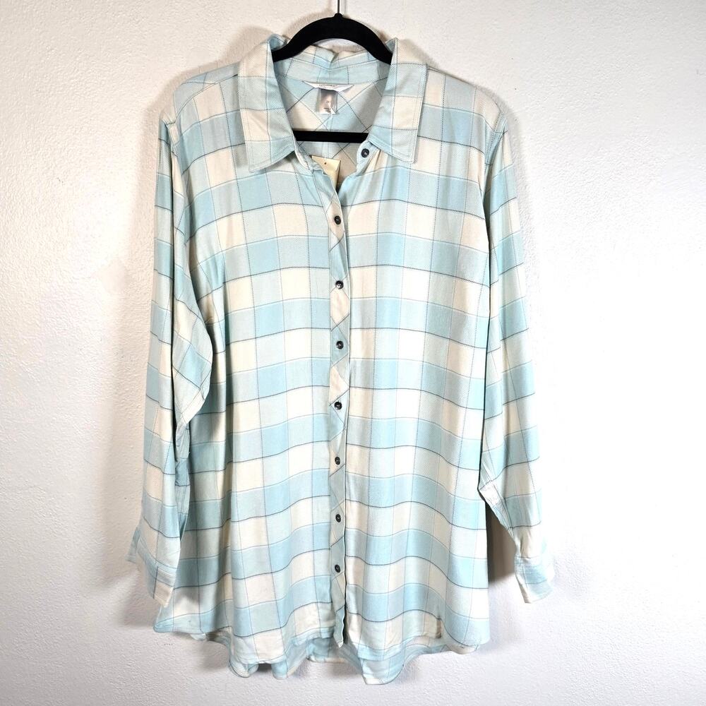 CJ Banks Shirt Women's 2X Turquoise Cream Check Button Up Coastal Casual Boho